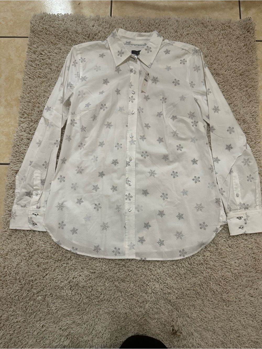 Talbots White Button-Front Blouse with Silver Star Print